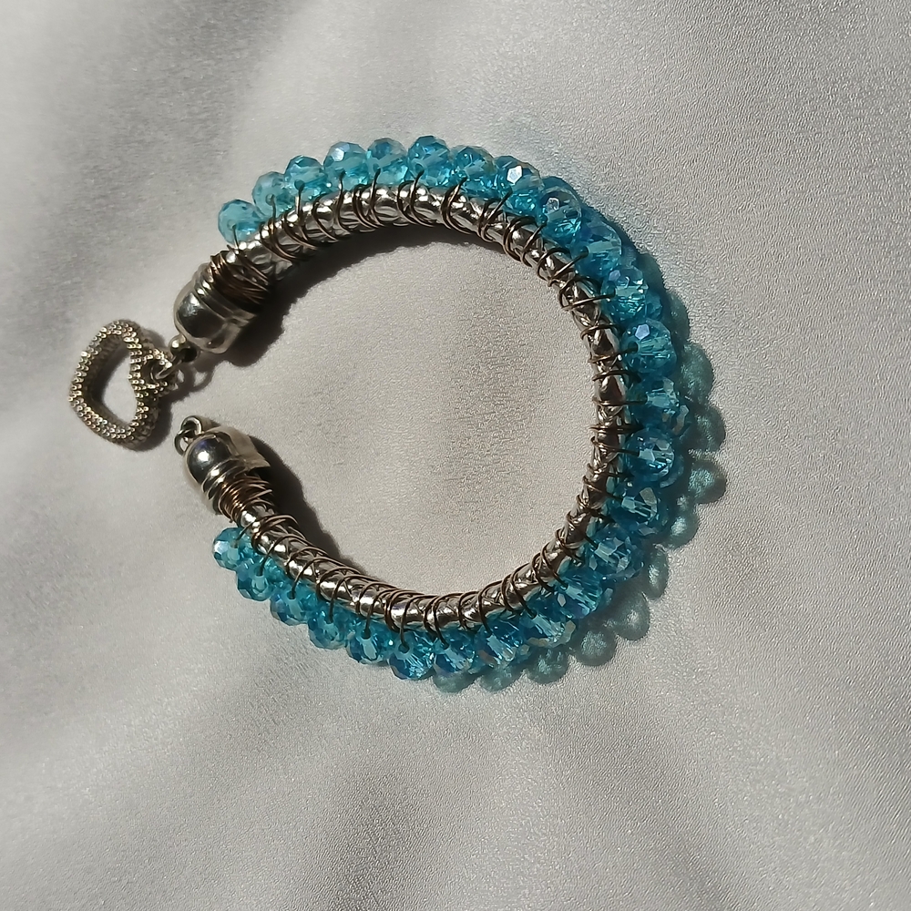 Vintage Silver Toned Blue Bead Bangle Bracelet with Heart Charm Accent